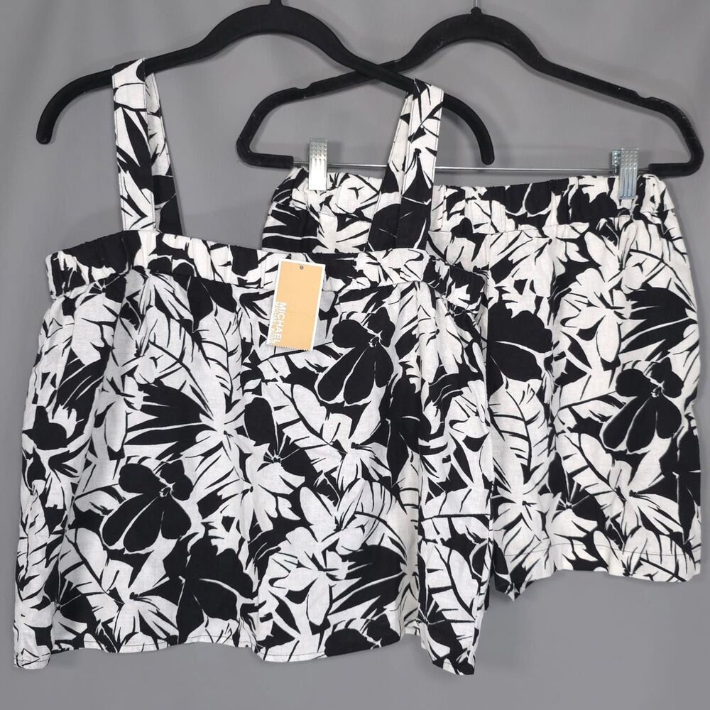 MICHAEL KORS Womens New Set Tank Top Shorts MEDIUM Black White Linen QS540TLHF0